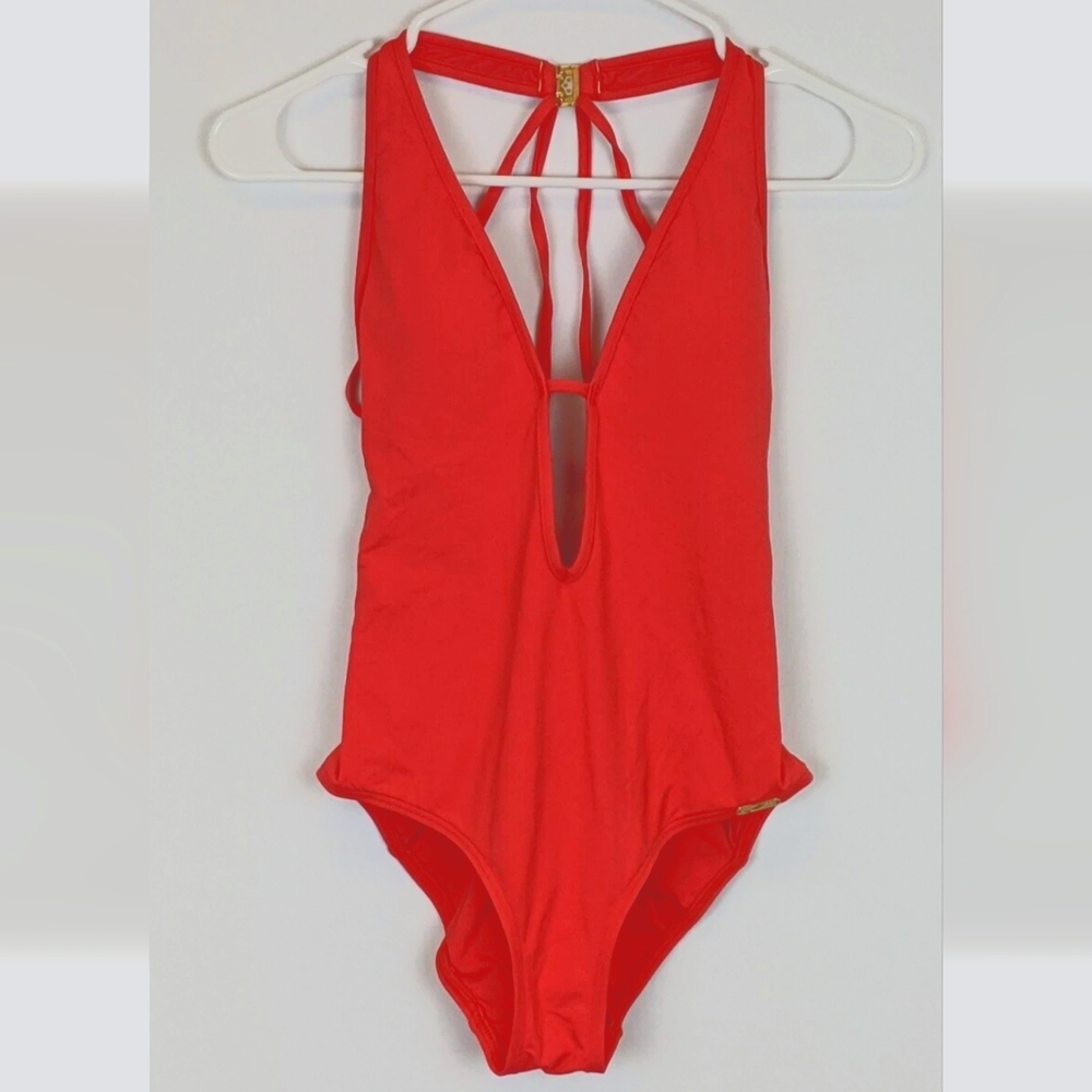 JETS Swimwear Plunge One Piece Swimsuit, Flamingo Red, Women's US 4